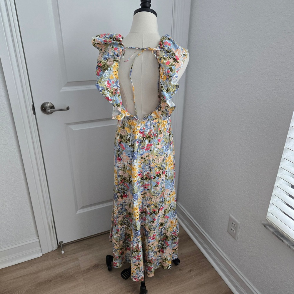 Reformation Reina Floral Ruffle V-Neck Open Back Midi Dress Multi-Color Size 2 - Picture 6 of 8